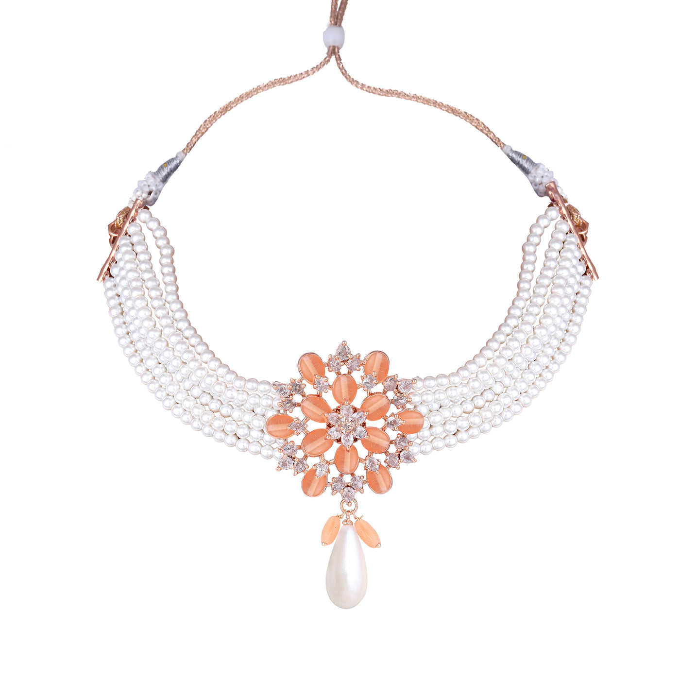 Estele Rosegold Plated Stylish & Elegant Multi-Layer White Pearl Varya Choker Set with Mint Orange Beads Locket for Women