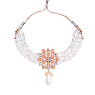 Estele Rosegold Plated Stylish & Elegant Multi-Layer White Pearl Varya Choker Set with Mint Orange Beads Locket for Women