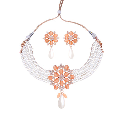 Estele Rosegold Plated Stylish & Elegant Multi-Layer White Pearl Varya Choker Set with Mint Orange Beads Locket for Women