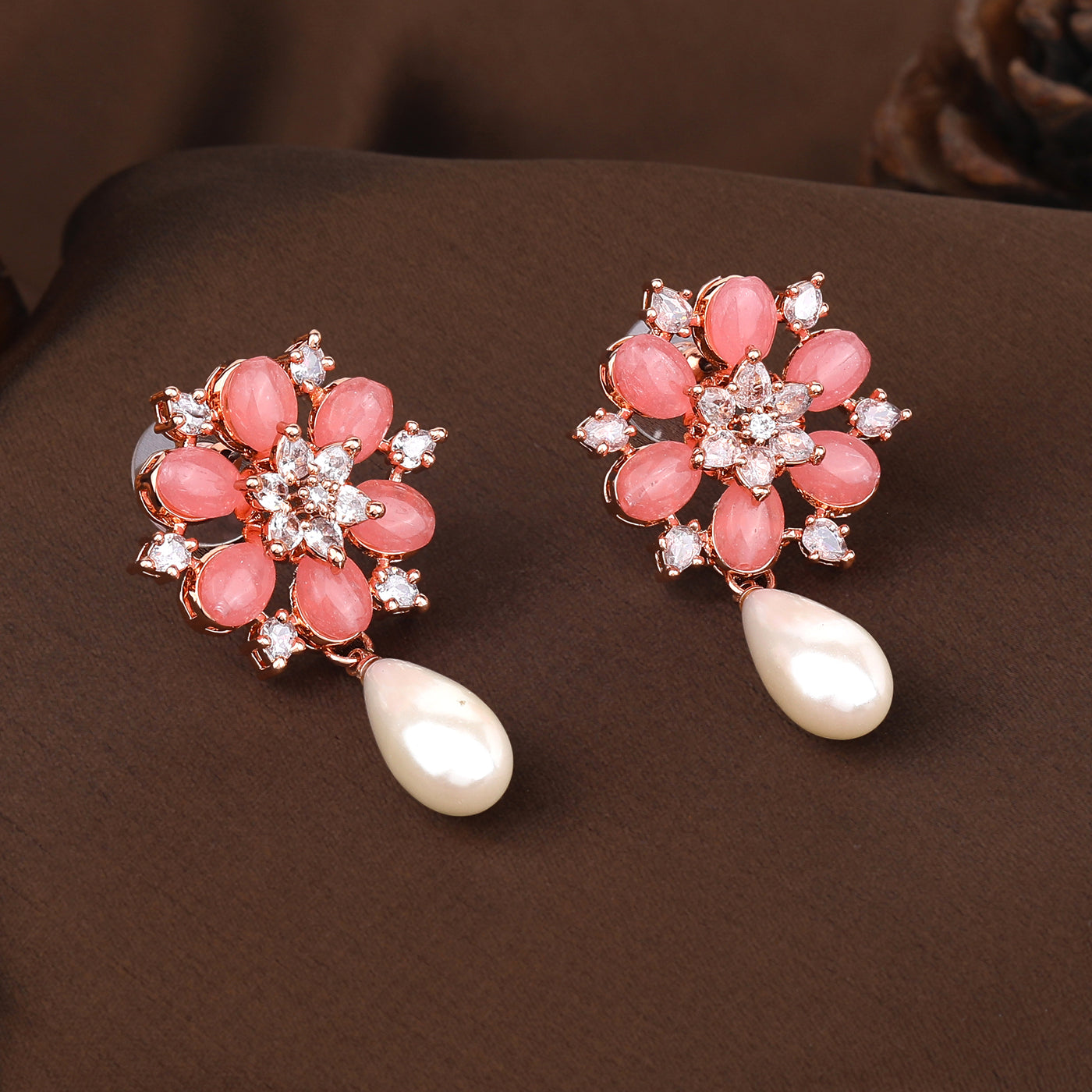 Estele Rosegold Plated Timeless Floral Inspired White Pearl Drop Earrings with Mint Pink Beads for Women|Graceful Accessory