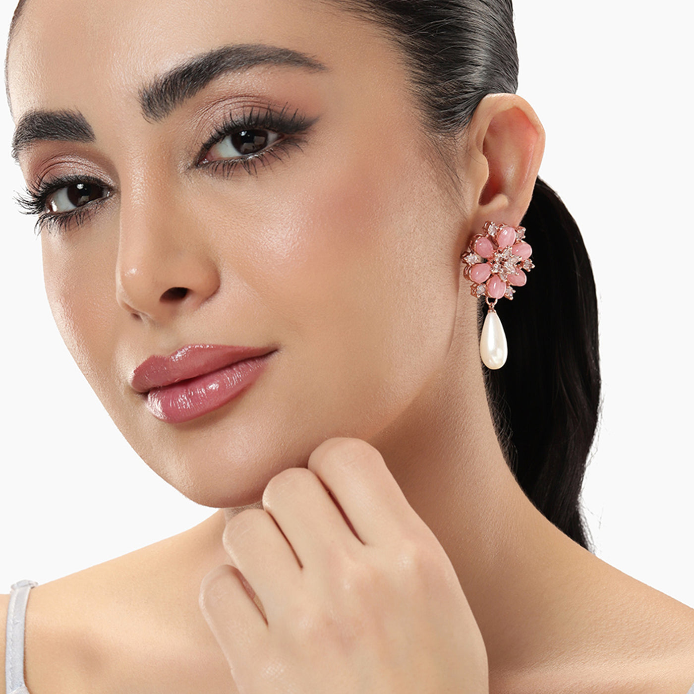 Estele Rosegold Plated Timeless Floral Inspired White Pearl Drop Earrings with Mint Pink Beads for Women|Graceful Accessory