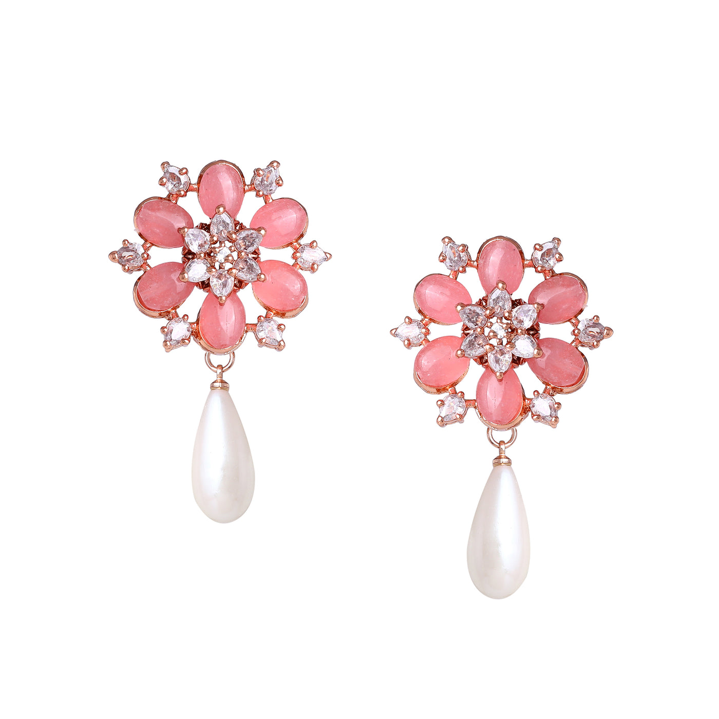 Estele Rosegold Plated Timeless Floral Inspired White Pearl Drop Earrings with Mint Pink Beads for Women|Graceful Accessory