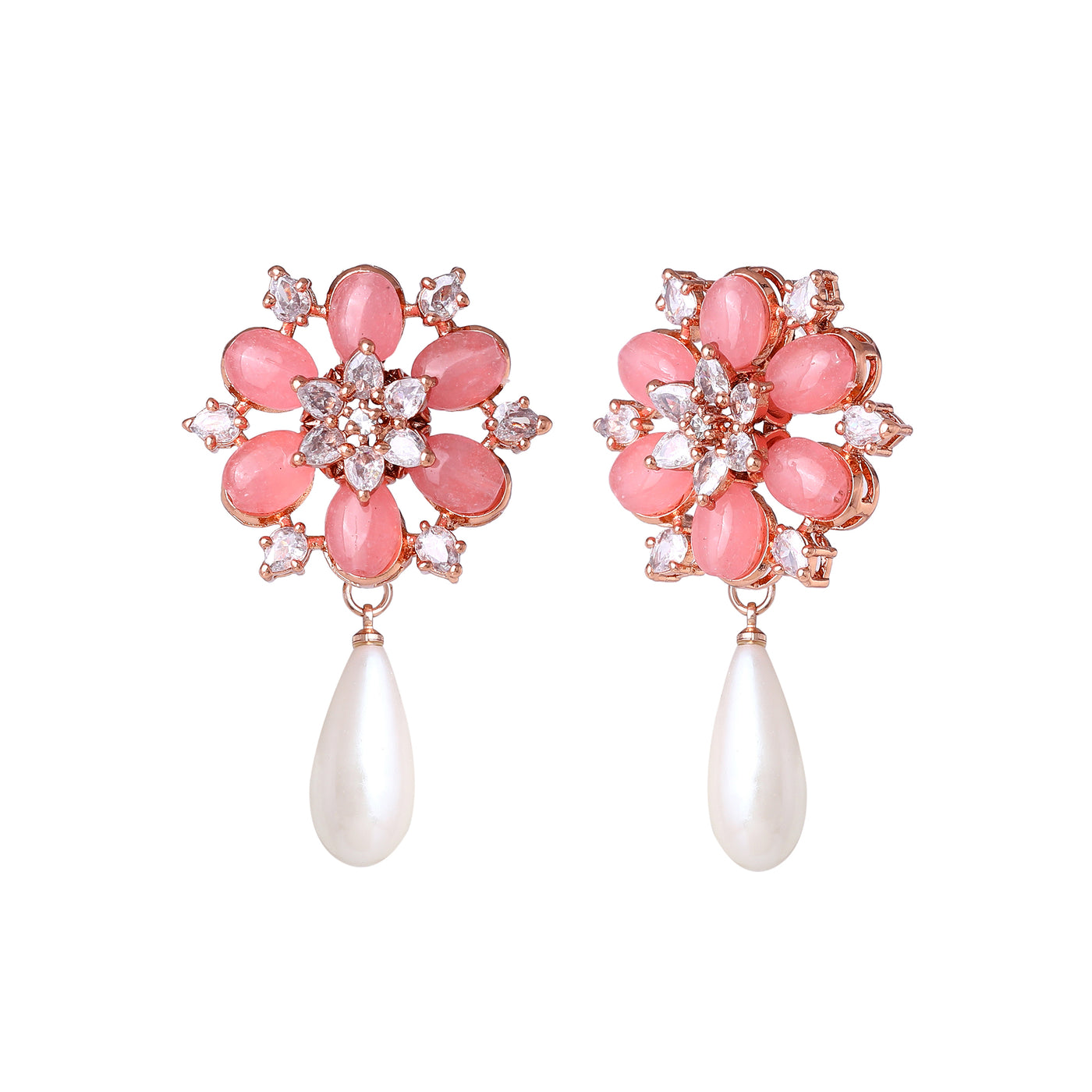 Estele Rosegold Plated Timeless Floral Inspired White Pearl Drop Earrings with Mint Pink Beads for Women|Graceful Accessory