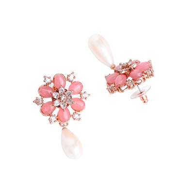 Estele Rosegold Plated Timeless Floral Inspired White Pearl Drop Earrings with Mint Pink Beads for Women|Graceful Accessory