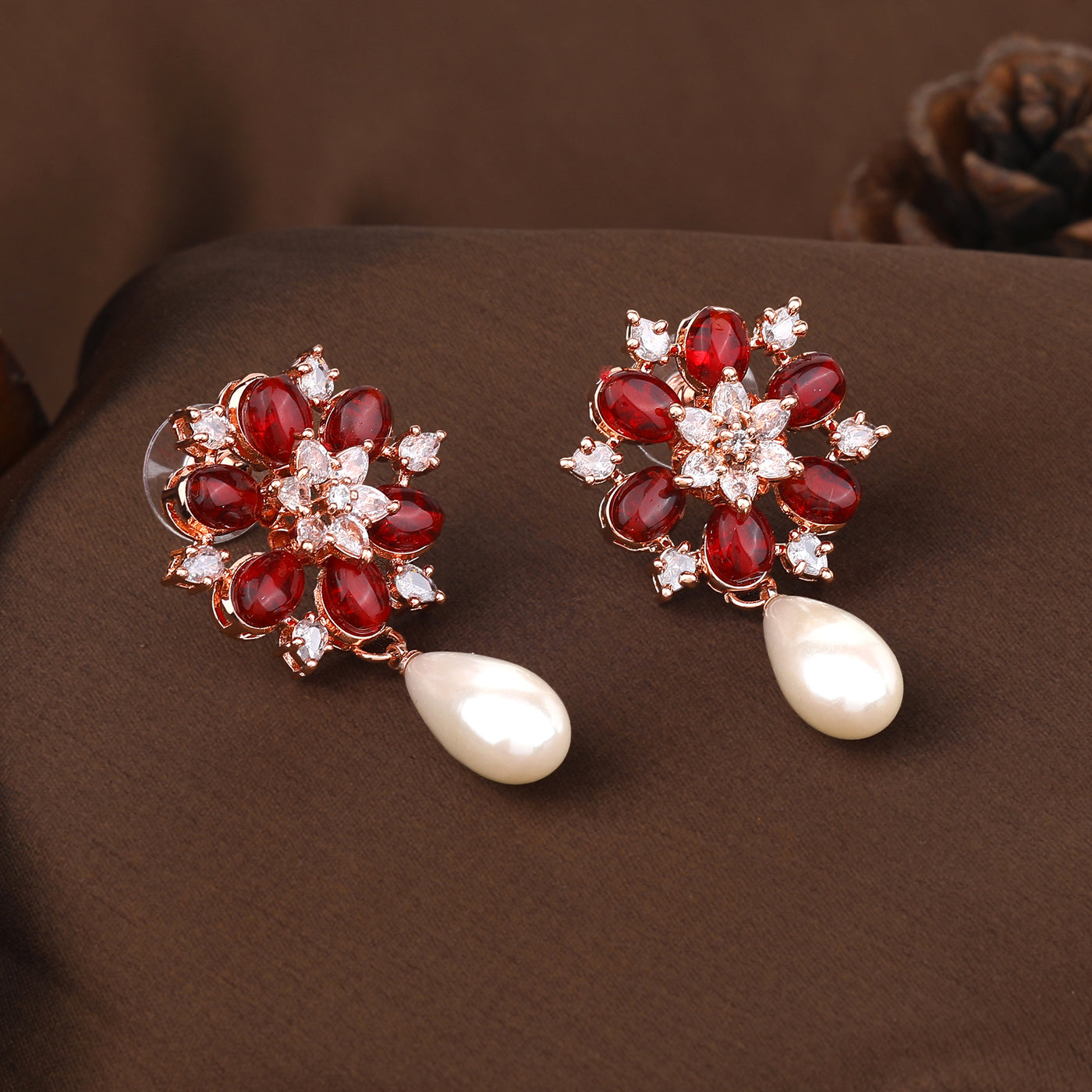 Estele Rosegold Plated Refined White Pearl Drop Earrings|Trendy & Elegant for Women with Ruby Beaded Floral Design for Classic Style