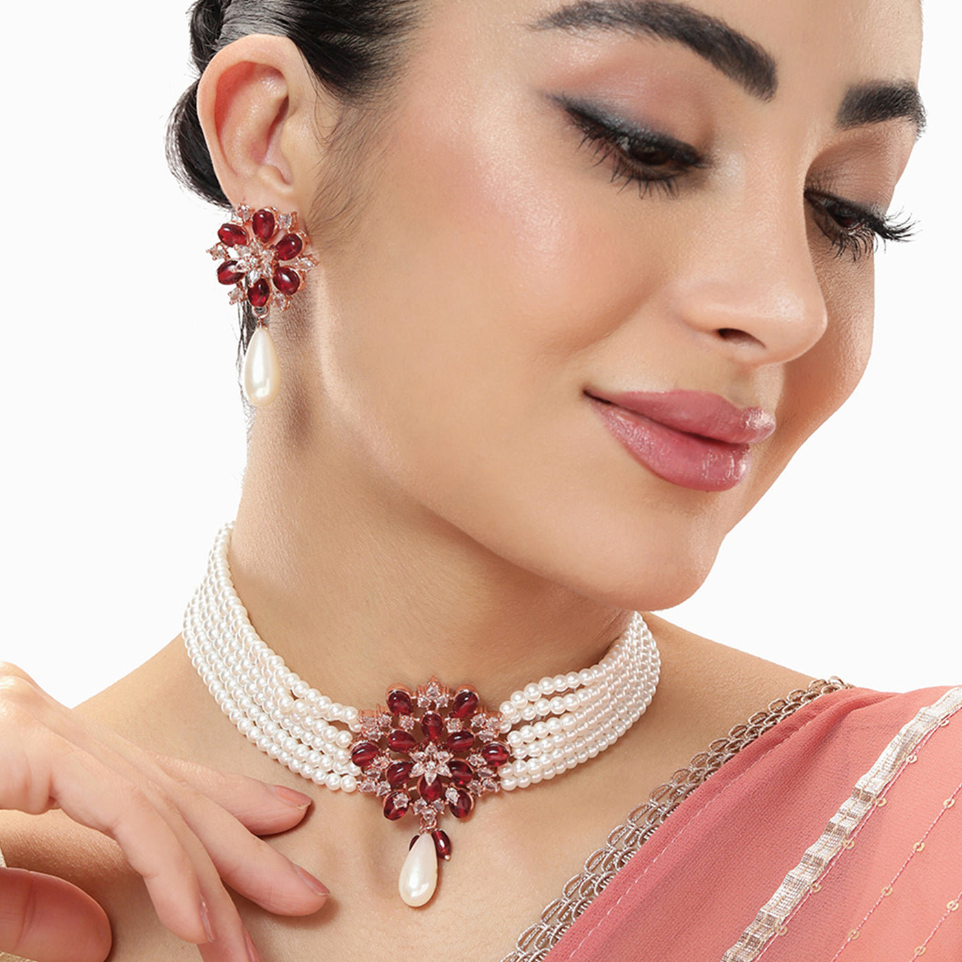 Estele Rosegold Plated Timeless Multi-Layer White Pearl Choker Necklace Set with Ruby Beads Locket|A Touch of Classic Glamour for Women