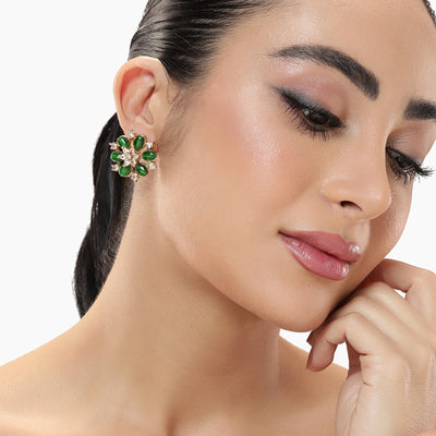 Estele Rosegold Plated Trendy Floral Pattern Green Beads Enhanced Varya Stud Earrings for Women|Fashionable Accessory for Every Occasion