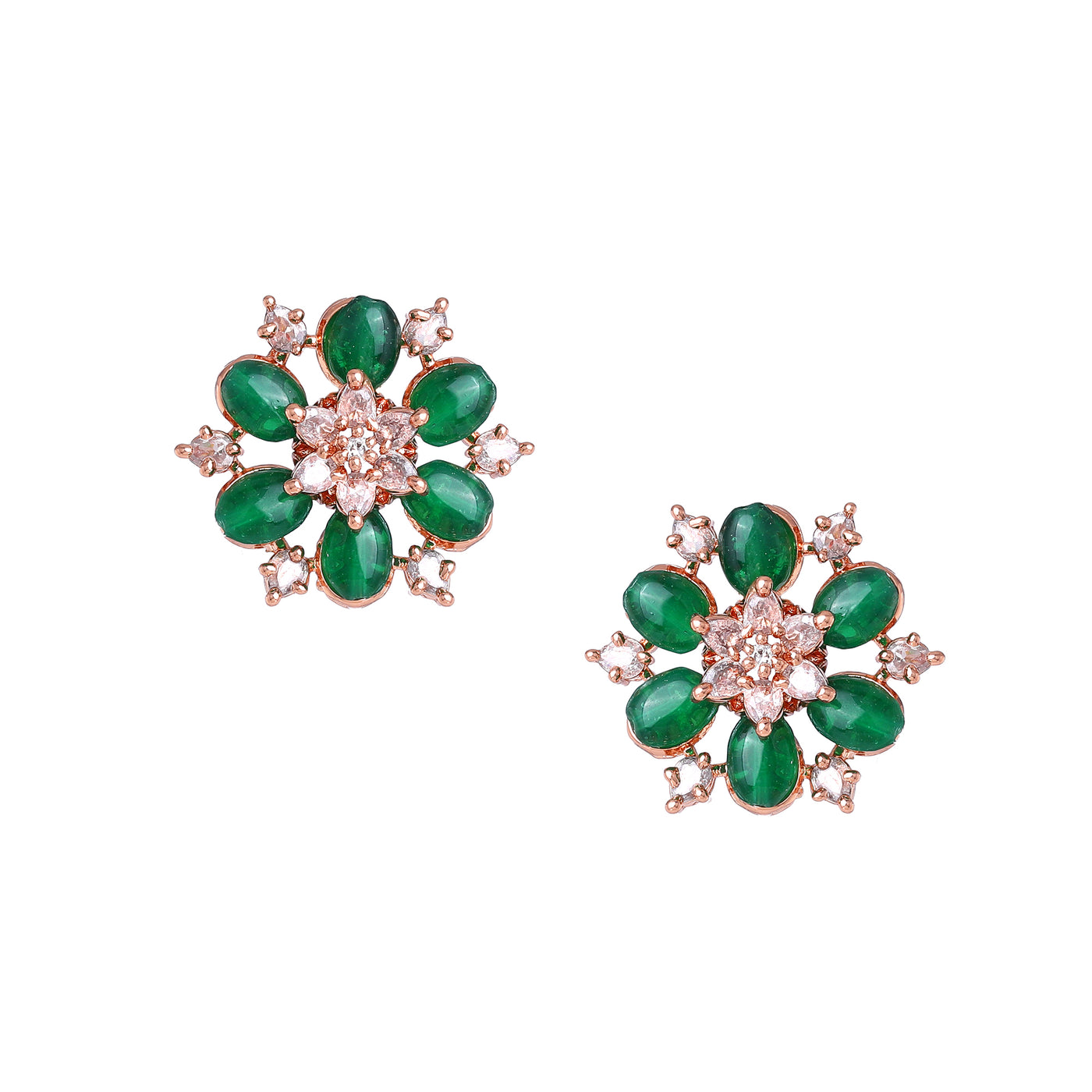 Estele Rosegold Plated Trendy Floral Pattern Green Beads Enhanced Stud Earrings for Women|Fashionable Accessory for Every Occasion