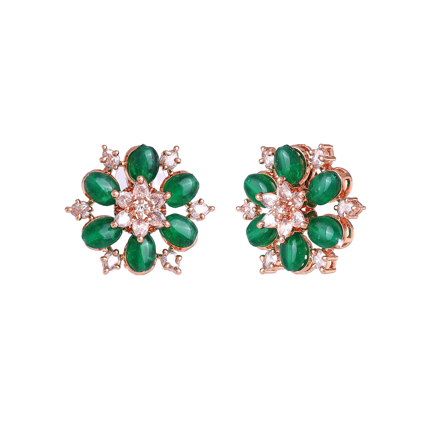 Estele Rosegold Plated Trendy Floral Pattern Green Beads Enhanced Stud Earrings for Women|Fashionable Accessory for Every Occasion