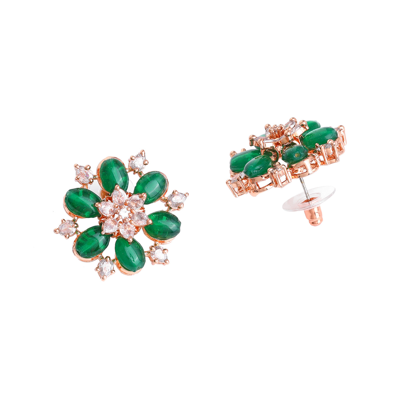 Estele Rosegold Plated Trendy Floral Pattern Green Beads Enhanced Stud Earrings for Women|Fashionable Accessory for Every Occasion