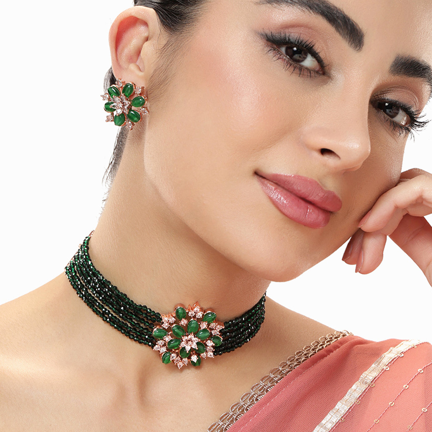 Estele Rosegold Plated Charming Multi-Layered Green Beads Varya Choker Set for Women|Glamorous Jewelry for Classy Women