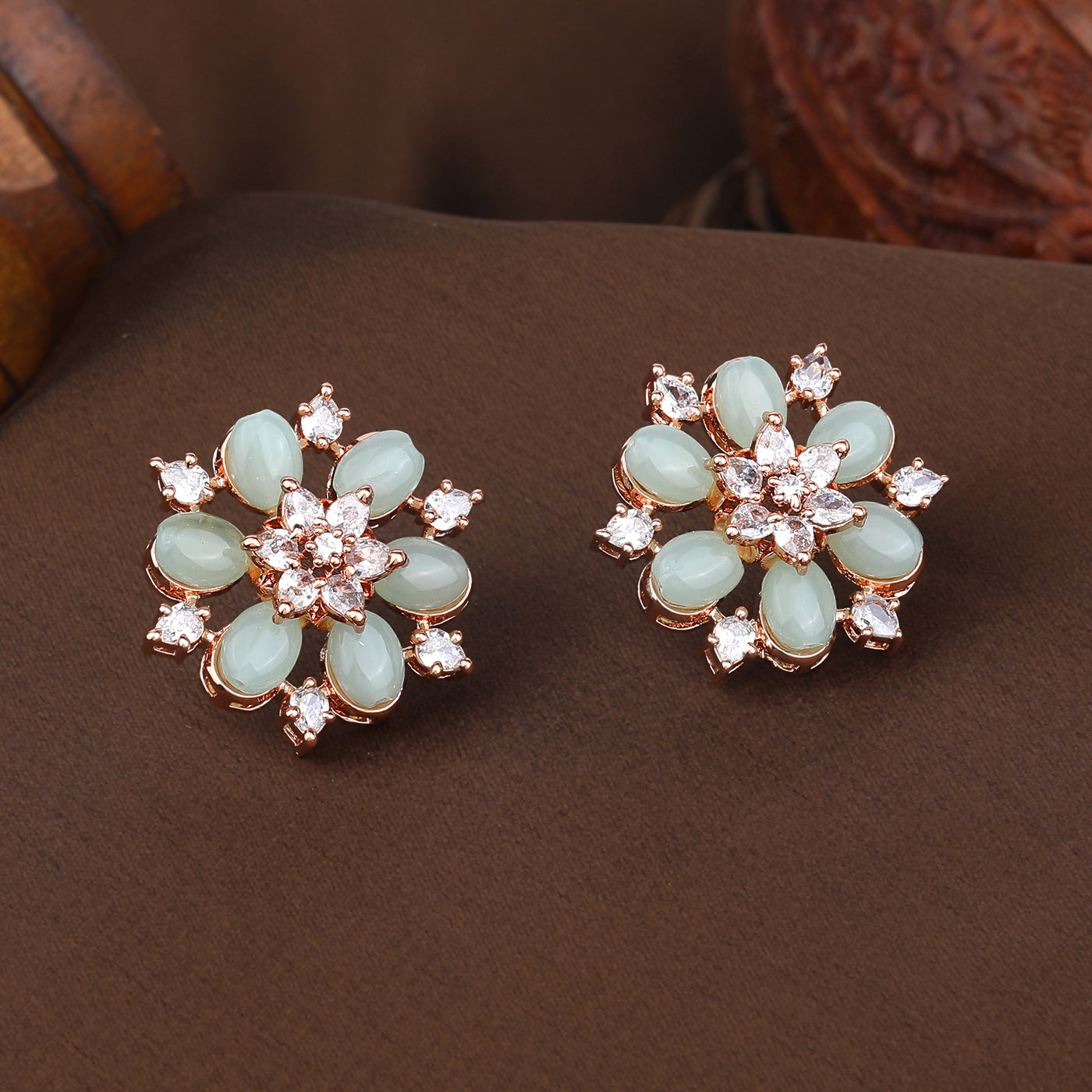 Estele Rosegold Plated Fashionable Flower Design Mint Green Beads Enhanced Stud Earrings|Elegant Jewelry for Contemporary Women