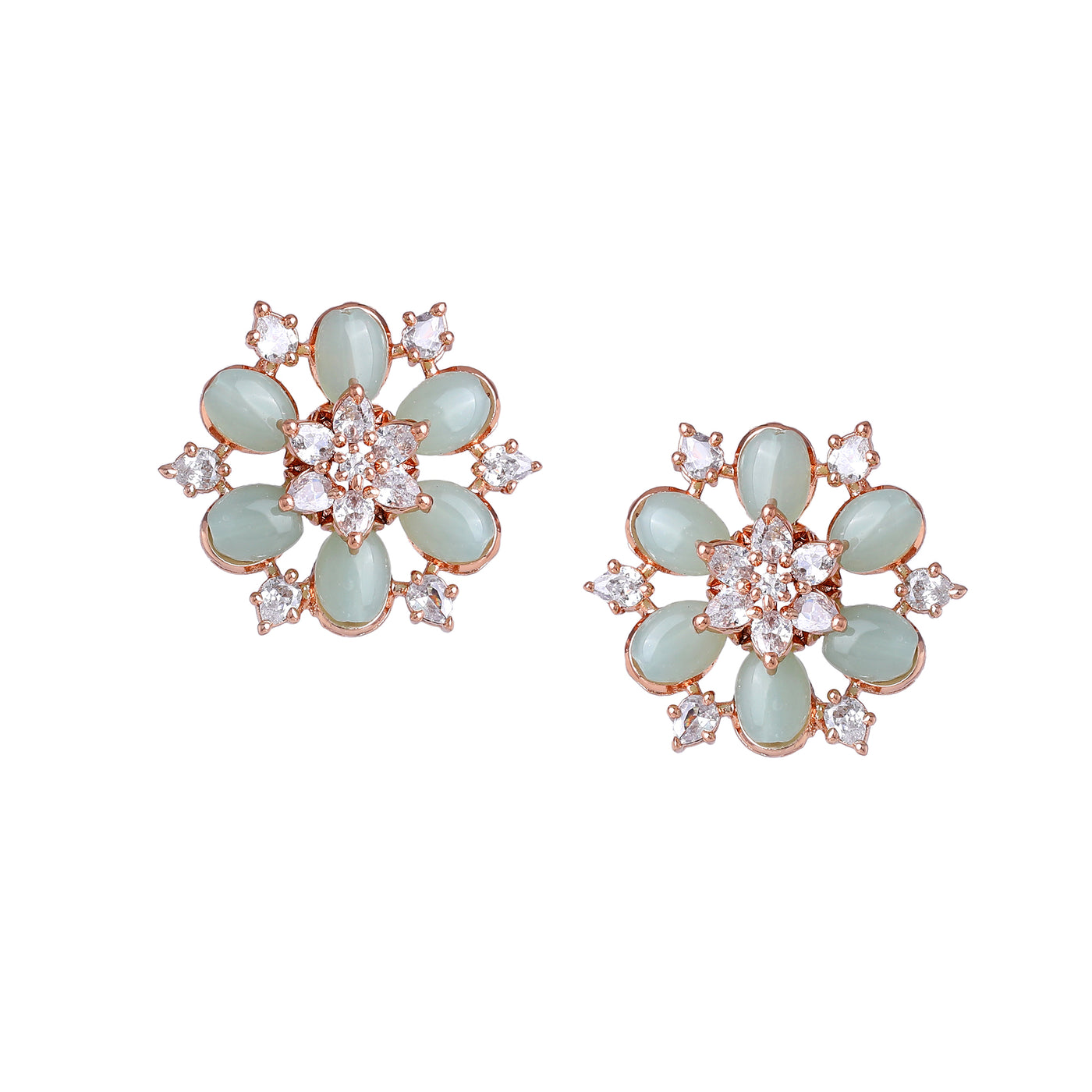 Estele Rosegold Plated Fashionable Flower Design Mint Green Beads Enhanced Stud Earrings|Elegant Jewelry for Contemporary Women