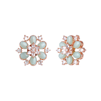 Estele Rosegold Plated Fashionable Flower Design Mint Green Beads Enhanced Stud Earrings|Elegant Jewelry for Contemporary Women