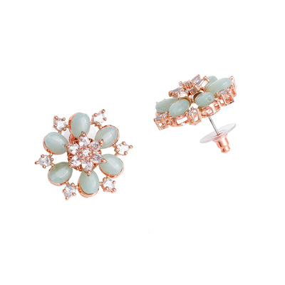 Estele Rosegold Plated Fashionable Flower Design Mint Green Beads Enhanced Stud Earrings|Elegant Jewelry for Contemporary Women