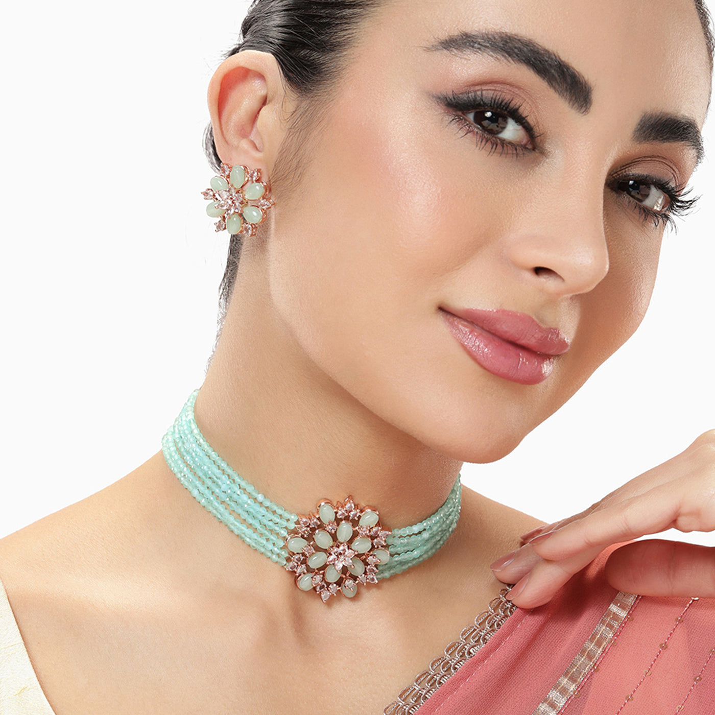 Estele Rosegold Plated Captivating Multi-Layer Mint Green Beads Choker Necklace Set for Women|Modern Charm for Every Occasion