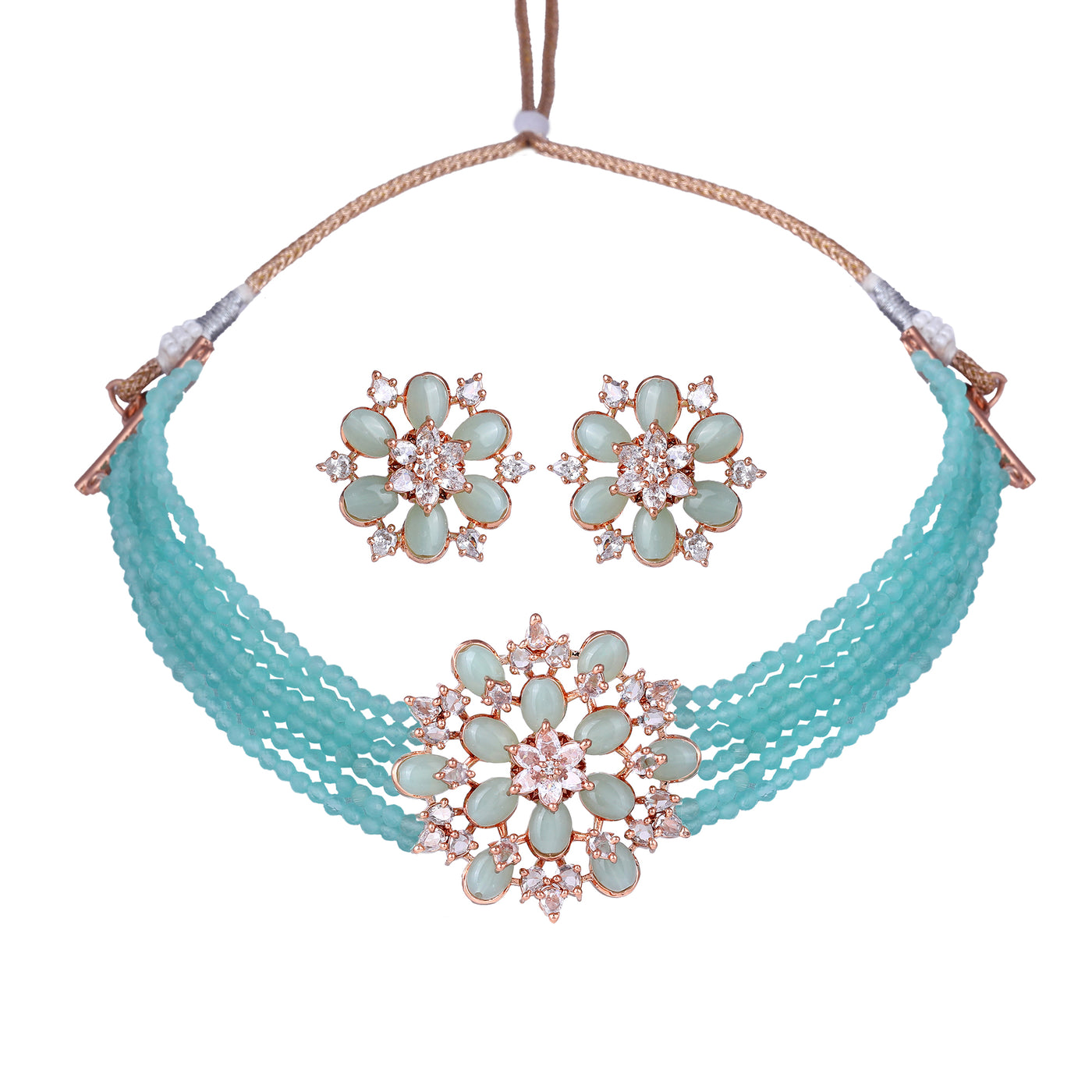 Estele Rosegold Plated Captivating Multi-Layer Mint Green Beads Varya Choker Set for Women|Modern Charm for Every Occasion