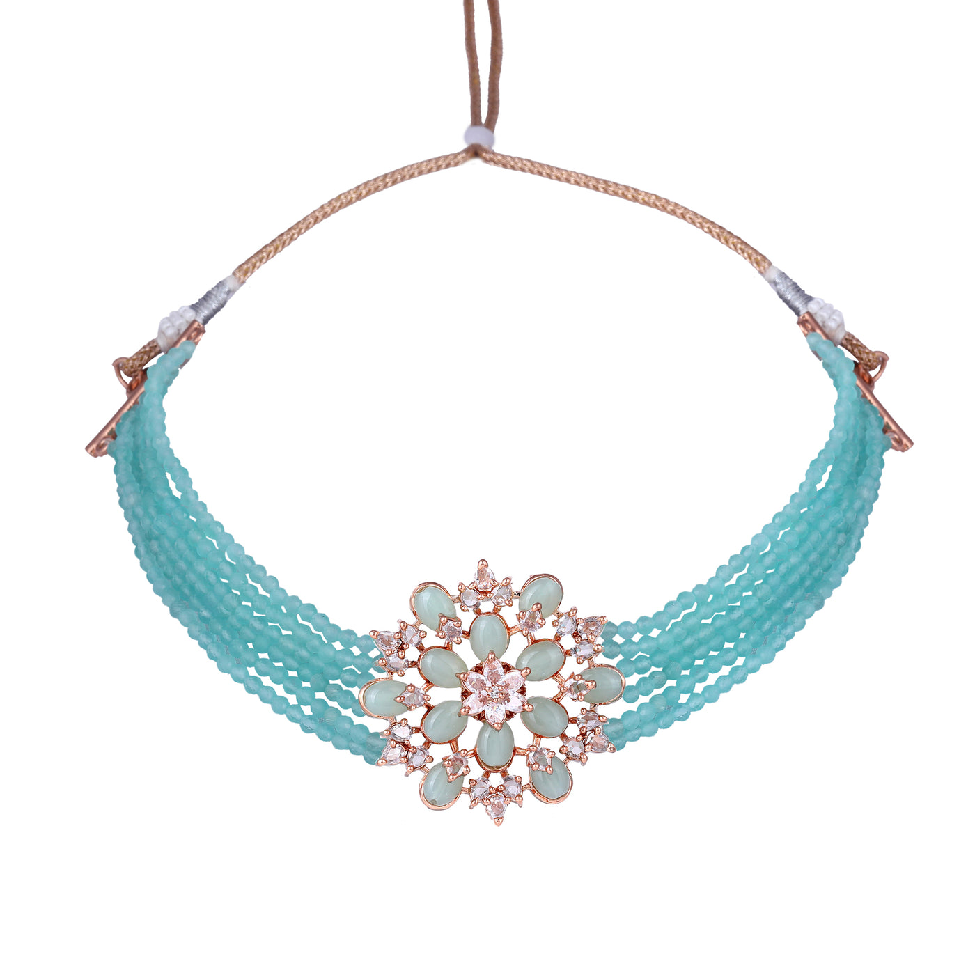 Estele Rosegold Plated Captivating Multi-Layer Mint Green Beads Varya Choker Set for Women|Modern Charm for Every Occasion