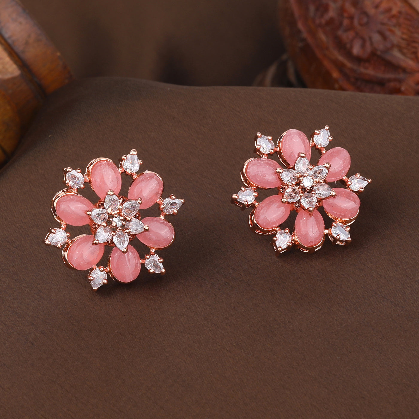 Estele Rosegold Plated Charming Floral Design Mint Pink Beads Enhanced Stud Earrings for Women|A Blend of Classic & Modern Styles