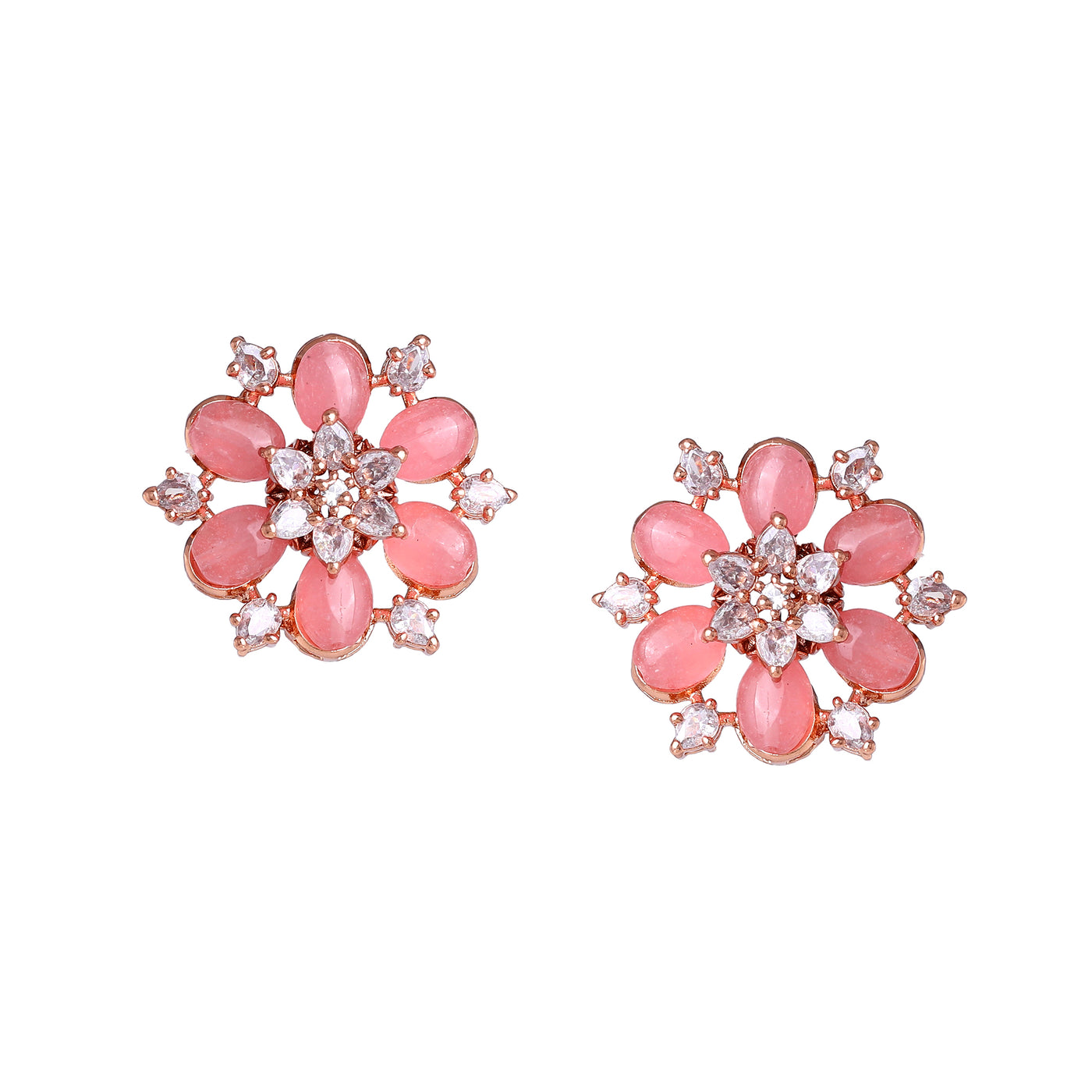 Estele Rosegold Plated Charming Floral Design Mint Pink Beads Enhanced Stud Earrings for Women|A Blend of Classic & Modern Styles