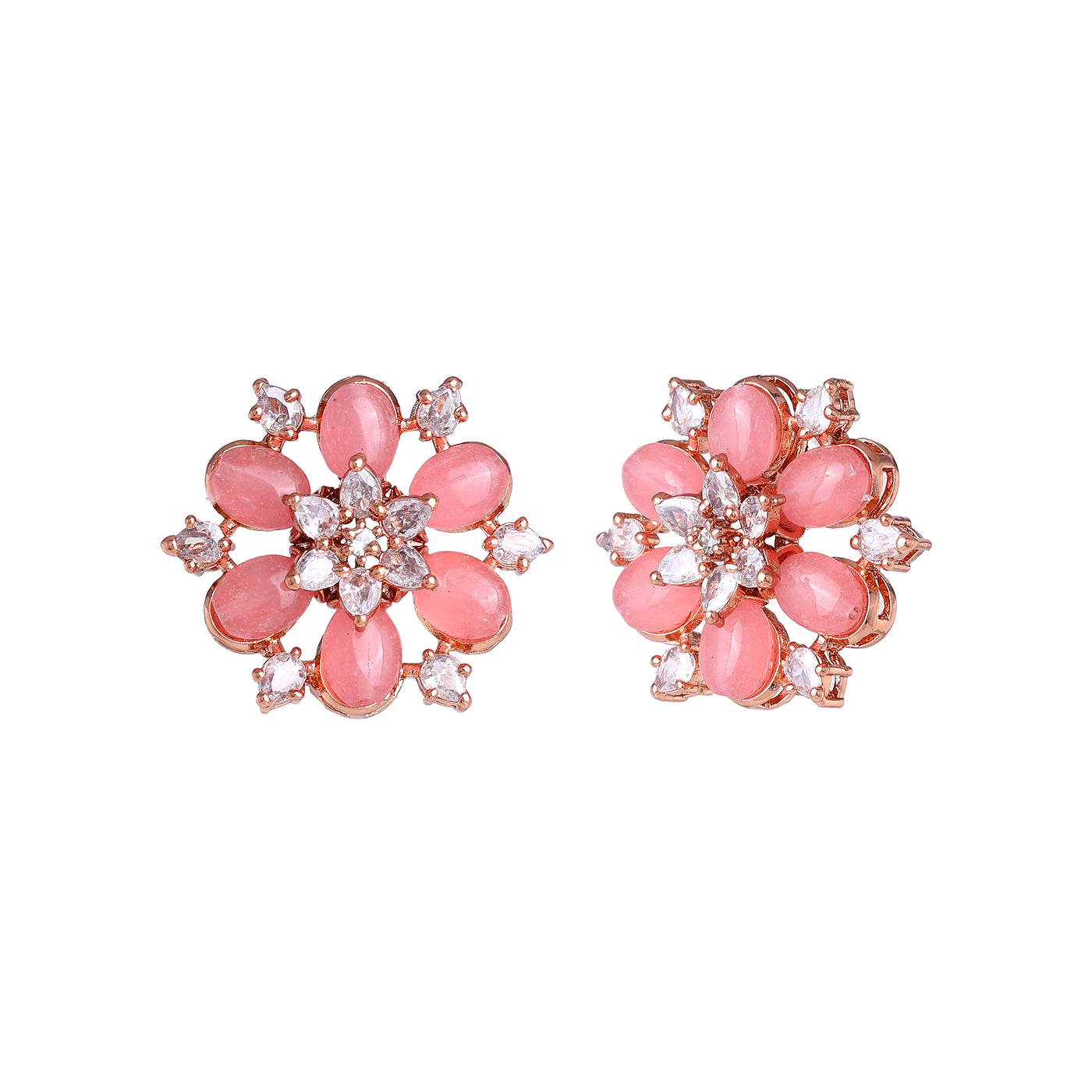 Estele Rosegold Plated Charming Floral Design Mint Pink Beads Enhanced Stud Earrings for Women|A Blend of Classic & Modern Styles