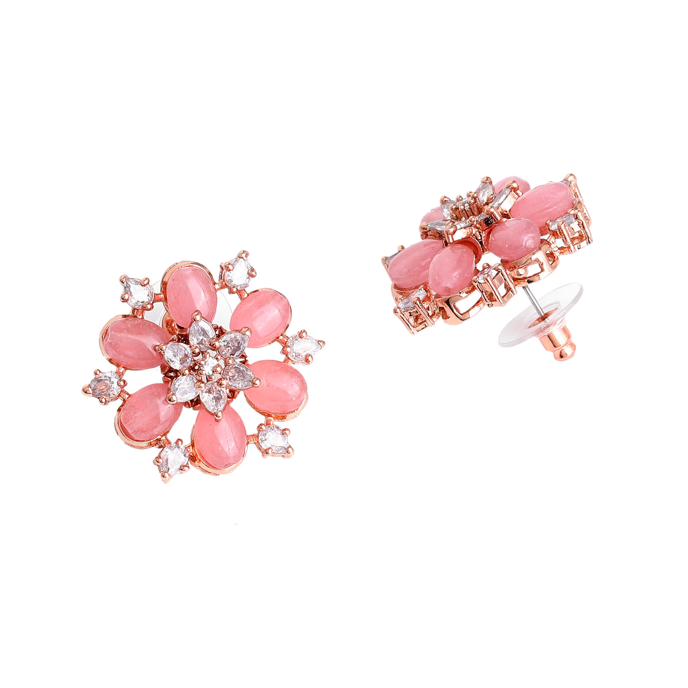 Estele Rosegold Plated Charming Floral Design Mint Pink Beads Enhanced Stud Earrings for Women|A Blend of Classic & Modern Styles