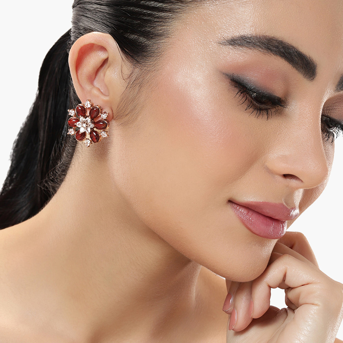 Estele Rosegold Plated Elegant Floral Designer Ruby Beads Enhanced Varya Stud Earrings for Women|Timeless Elegance for Any Occasion