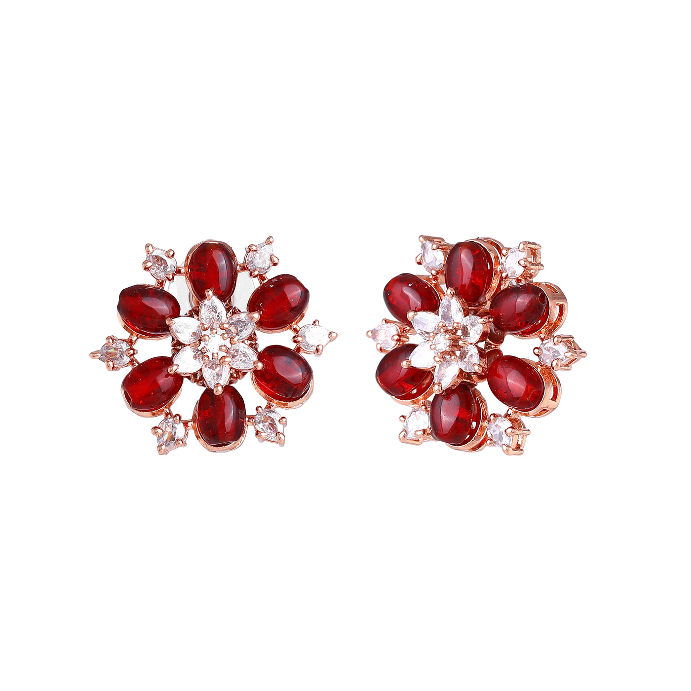 Estele Rosegold Plated Elegant Floral Designer Ruby Beads Enhanced Stud Earrings for Women|Timeless Elegance for Any Occasion