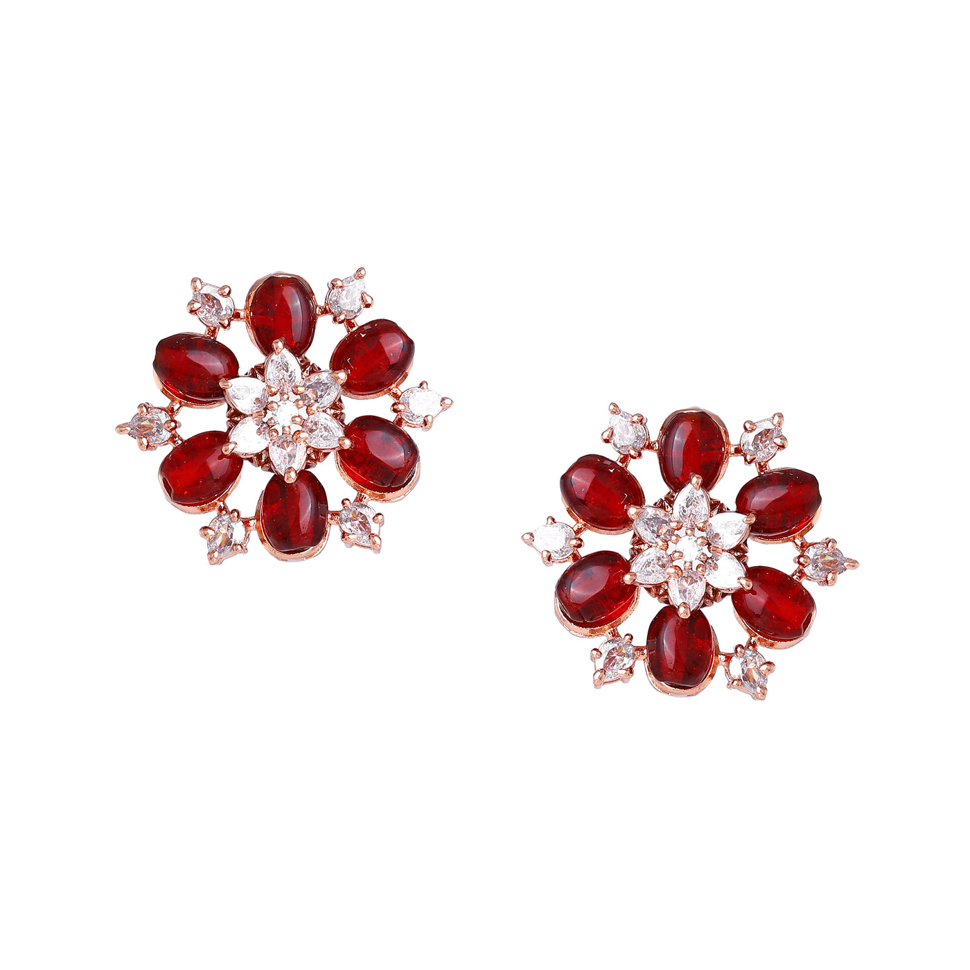 Estele Rosegold Plated Elegant Floral Designer Ruby Beads Enhanced Stud Earrings for Women|Timeless Elegance for Any Occasion