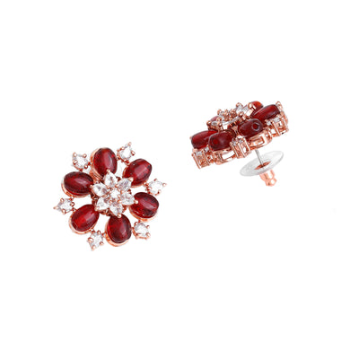 Estele Rosegold Plated Elegant Floral Designer Ruby Beads Enhanced Stud Earrings for Women|Timeless Elegance for Any Occasion