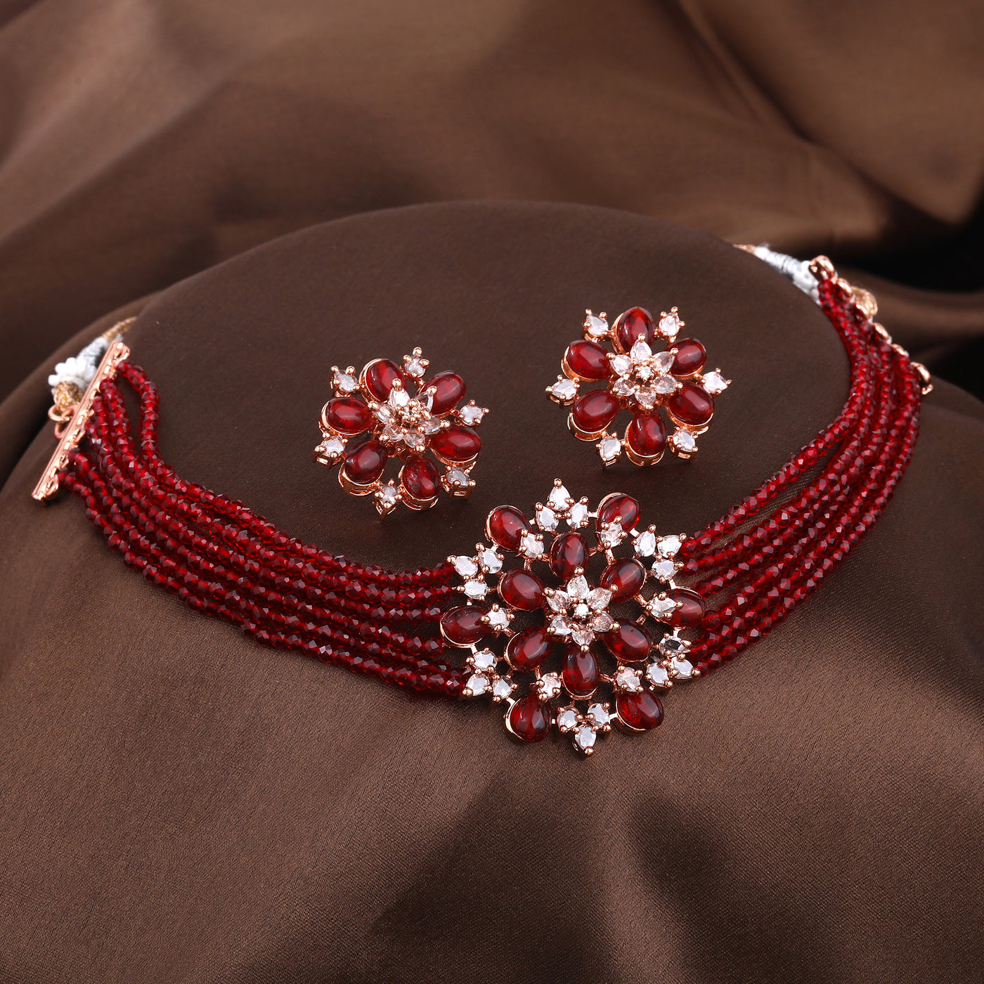 Estele Rosegold Plated Dazzling Multi-Layered Ruby Beads Varya Choker Set|Premium Jewelry for Stylish Women