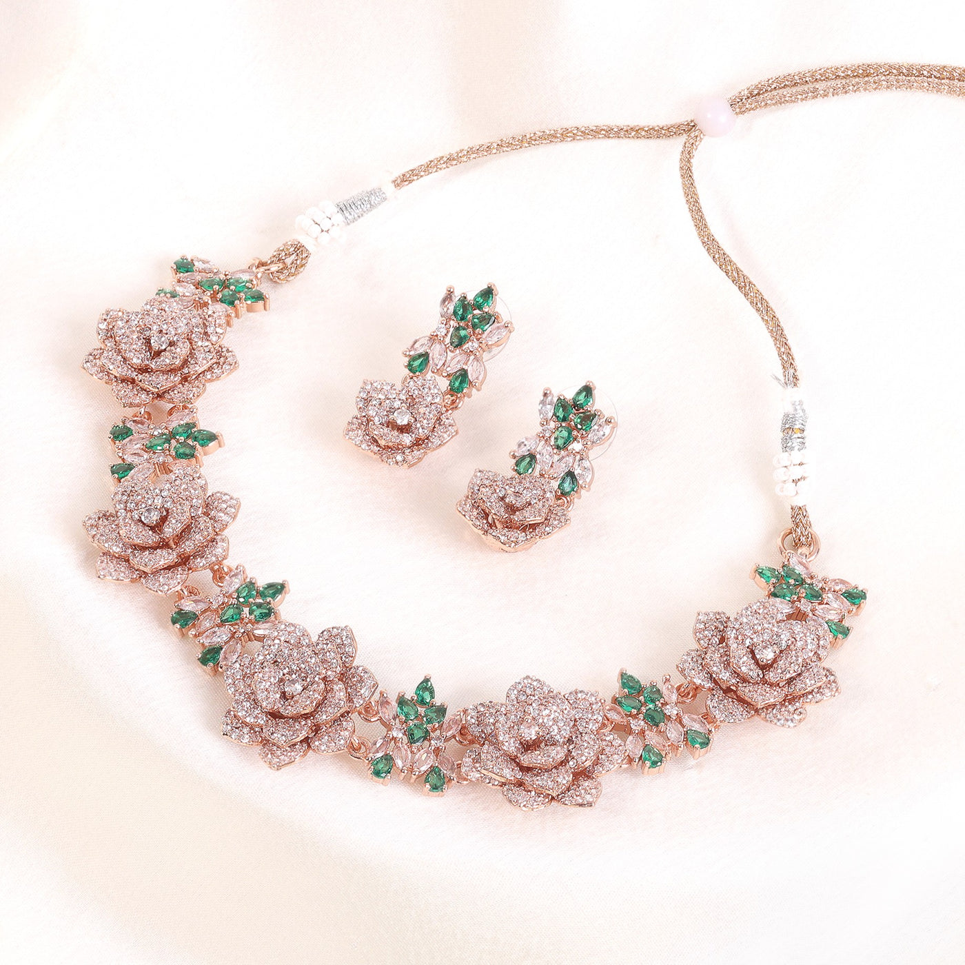 Estele Valentine Special Green & White American Diamond Nature-Inspired Floral Rose Necklace Set with Premium Rosegold Finish A Perfect Gift of Love