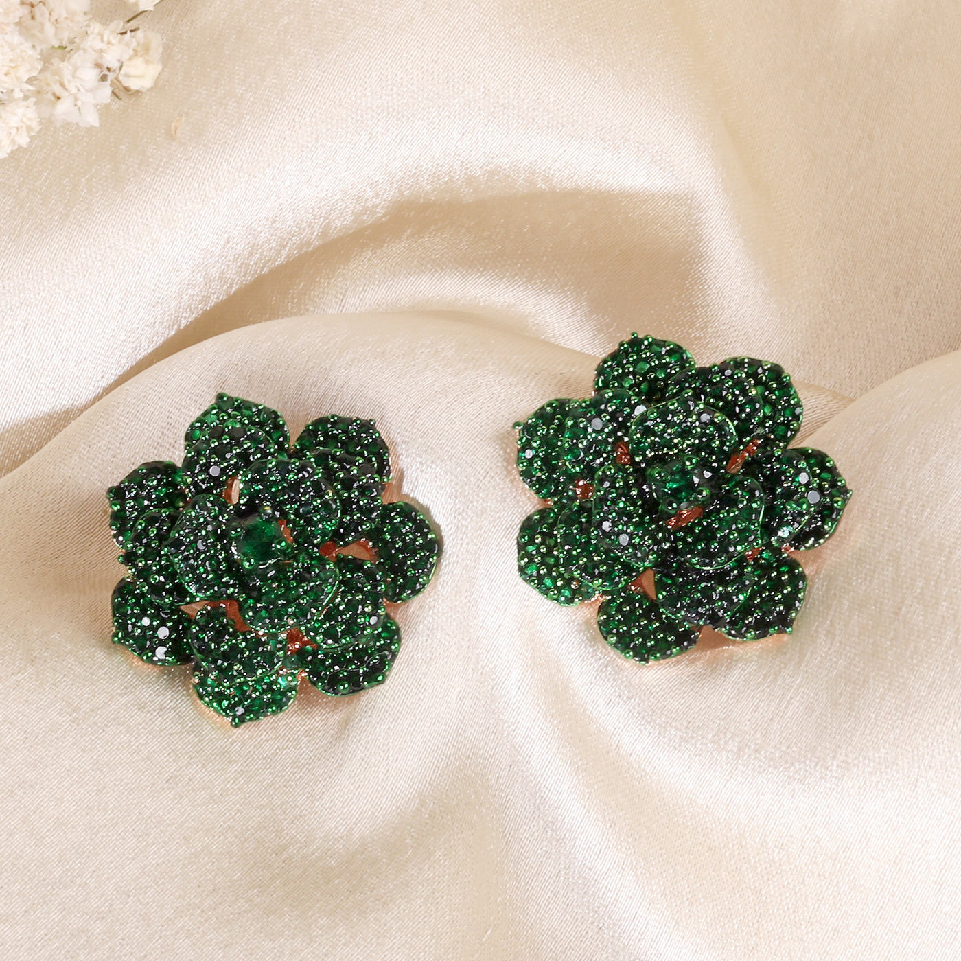 Estele Valentine ROSE Special â€“ Exquisite Green American Diamond Floral Rose Stud Earrings with Premium Rosegold Finish â€“ A Timeless Expression of Love