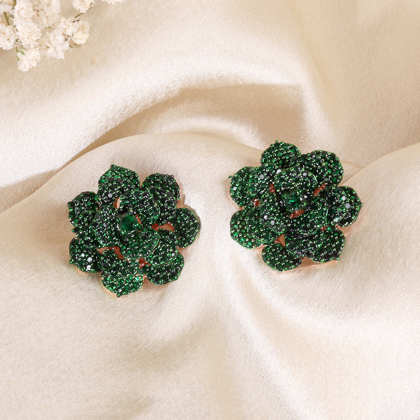 Estele Valentine ROSE Special Exquisite Green American Diamond Floral Rose Stud Earrings with Premium Rosegold Finish A Timeless Expression of Love