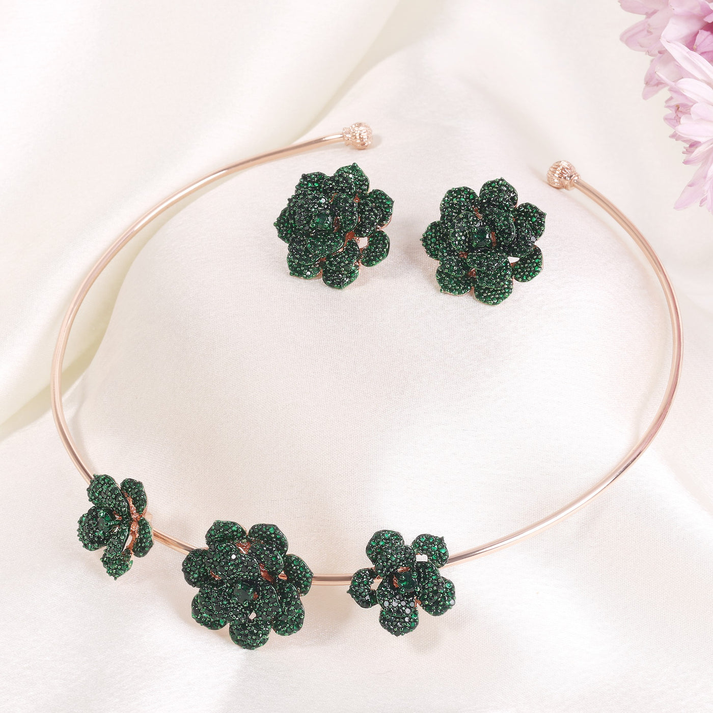 Estele Valentine Special Gorgeous Green American Diamond Rose Motif Necklace Set with Luxurious Rosegold Finish A Dazzling Gift of Eternal Love