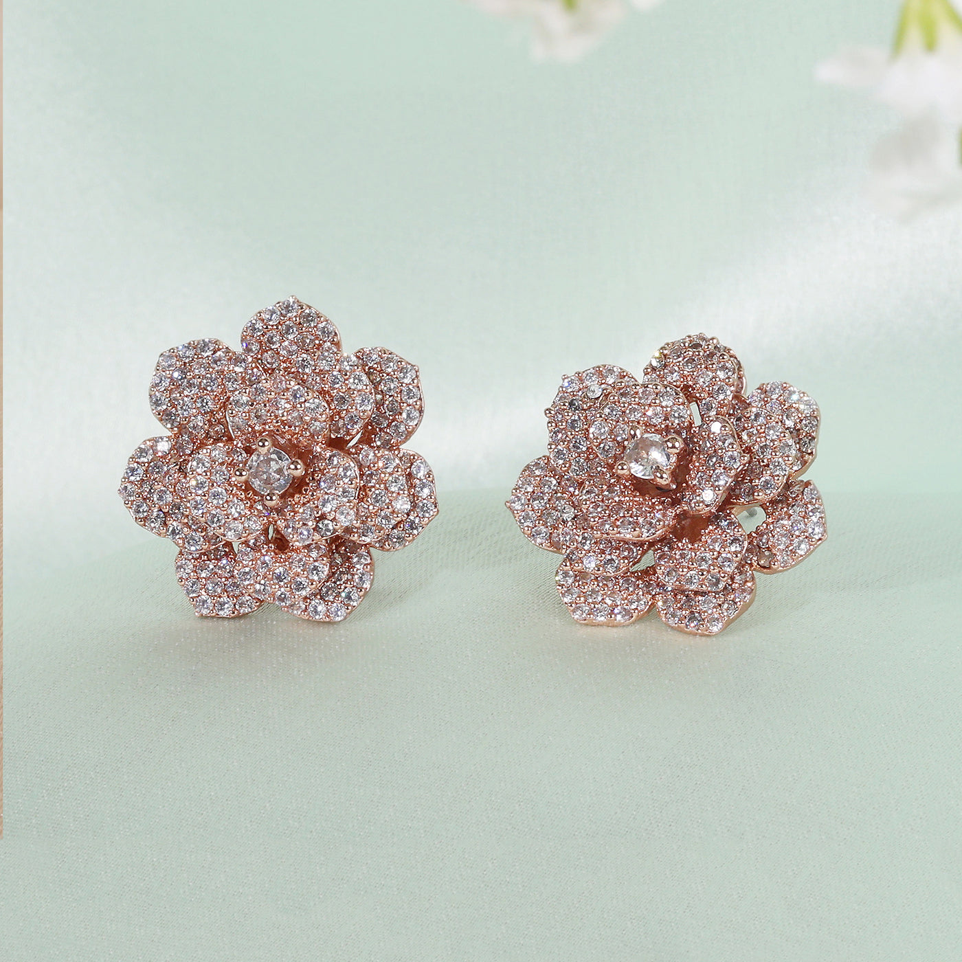 Estele Valentine ROSE Special Glittering White American Diamond Rose Motif Stud Earrings with Premium Rosegold Finish A Luxurious Gift of Love