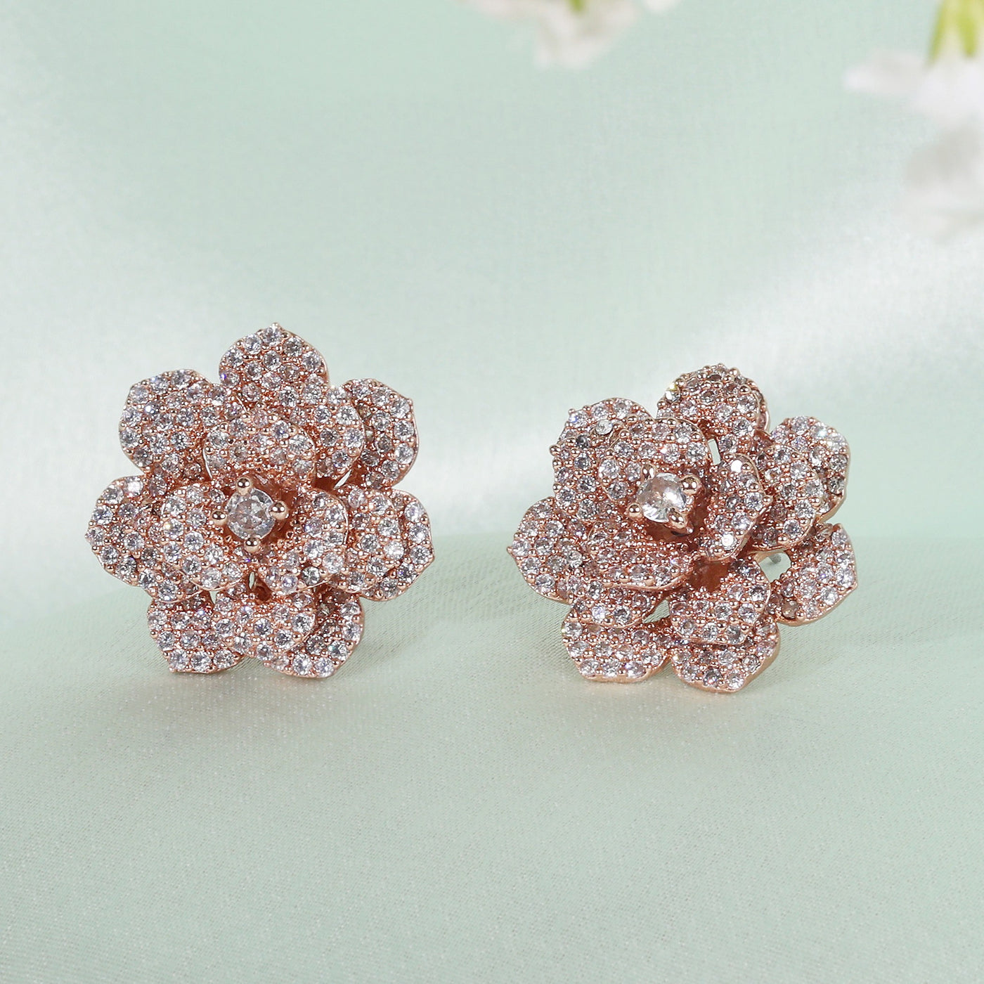 Estele Valentine ROSE Special â€“ Glittering White American Diamond Rose Motif Stud Earrings with Premium Rosegold Finish â€“ A Luxurious Gift of Love