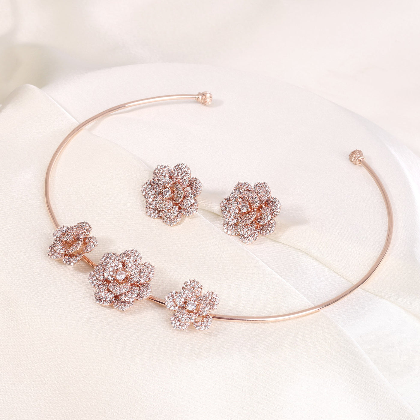 Estele Valentine Special Premium Lightweight American Diamond Floral Rose Necklace Set with Luxurious Rosegold Finish A Dazzling Gift of Eternal Love