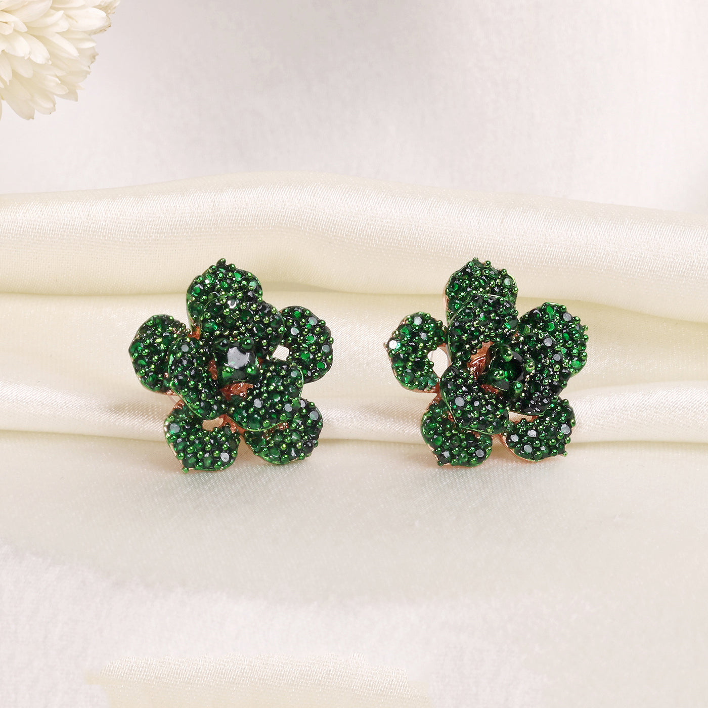 Estele Valentine ROSE Special Sparkling Green American Diamond Rose Motif Stud Earrings with Premium Rosegold Finish A Luxurious Gift of Eternal Love