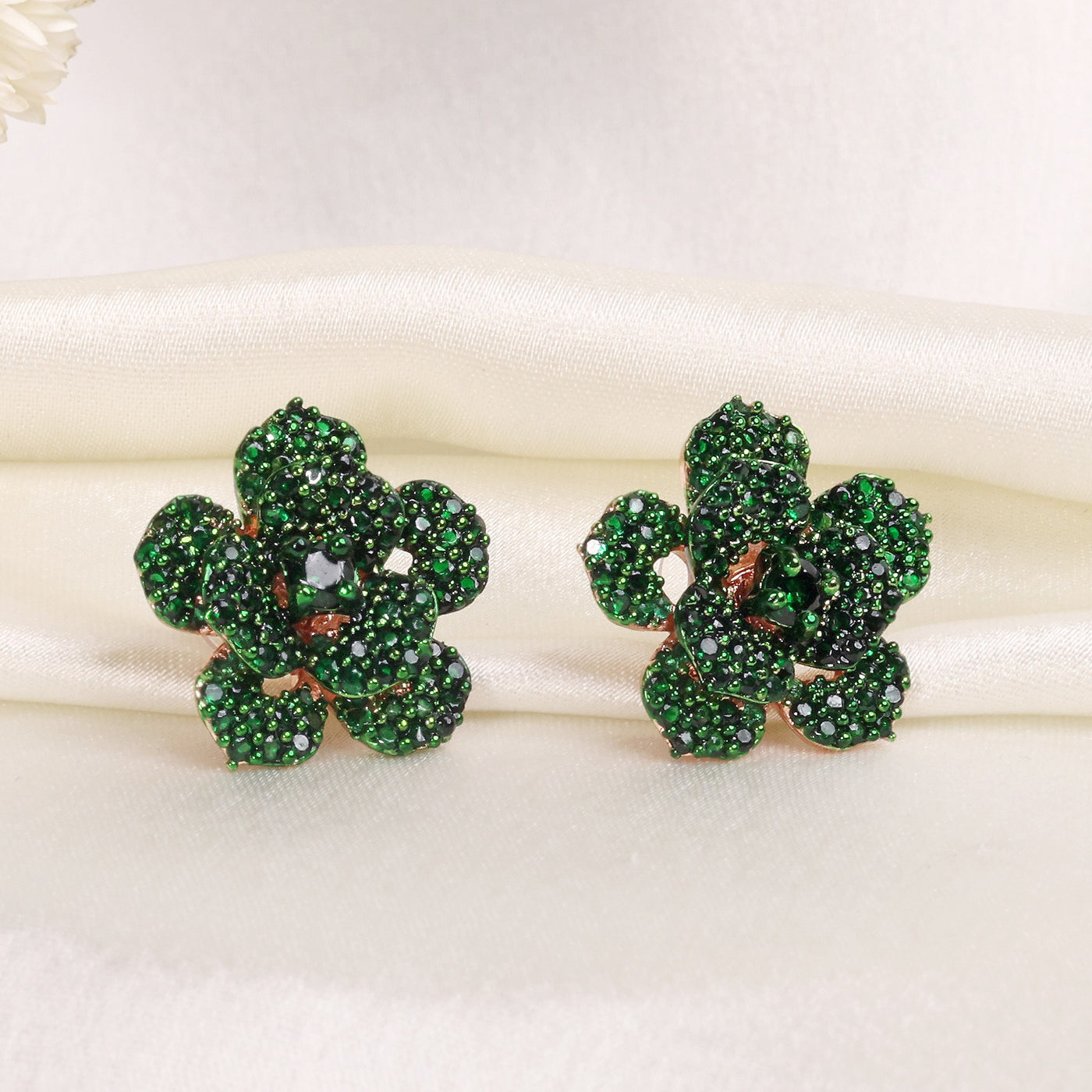 Estele Valentine ROSE Special â€“ Sparkling Green American Diamond Rose Motif Stud Earrings with Premium Rosegold Finish â€“ A Luxurious Gift of Eternal Love