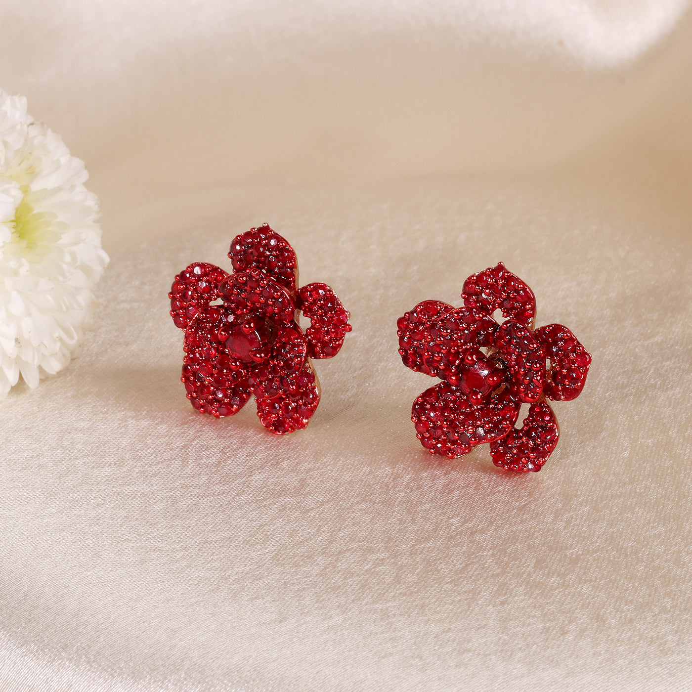 Estele Valentine ROSE Special Dazzling Ruby Red American Diamond Rose Motif Stud Earrings with Luxurious Rosegold Finish A Classic Gift of Eternal Romance