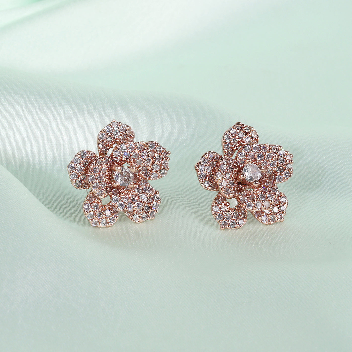 Estele Valentine ROSE Special Gleaming White American Diamond Rose Motif Stud Earrings with Premium Rosegold Finish A Thoughtful Valentine Gift