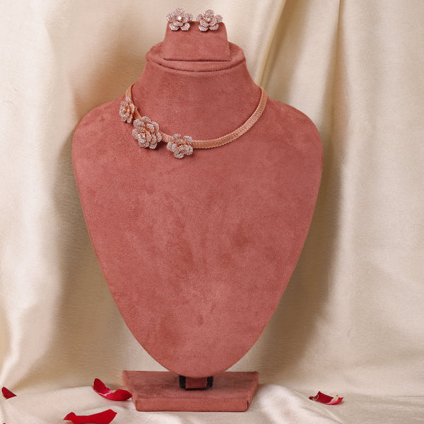 Estele Rose Collection Exclusive White American Diamond Rose Motif Necklace Set with Premium Rosegold Finish A Must-Have Statement Piece