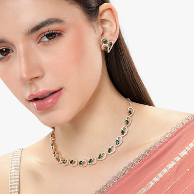 Estele Valentine Special – Elegant & Modern Rosegold-Plated Green American Diamond Necklace Set: Lightweight with Brilliant Sparkle