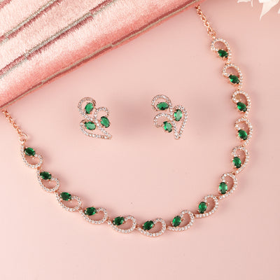 Estele Valentine Special – Elegant & Modern Rosegold-Plated Green American Diamond Necklace Set: Lightweight with Brilliant Sparkle