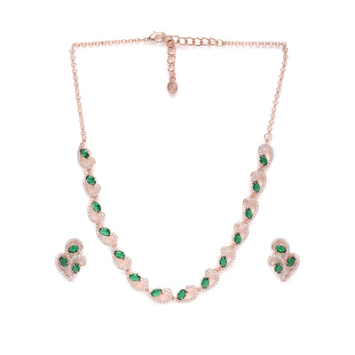 Estele Valentine Special – Elegant & Modern Rosegold-Plated Green American Diamond Necklace Set: Lightweight with Brilliant Sparkle