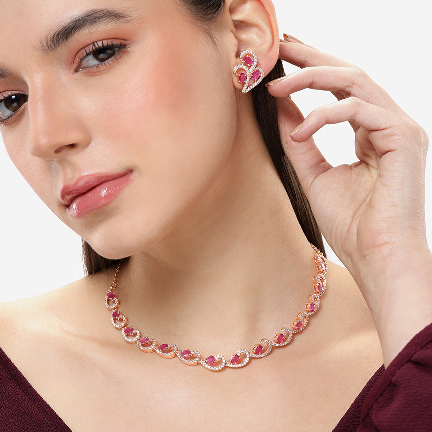 Estele Valentine Special – Timeless Ruby American Diamond Necklace Set: Lightweight, Premium Quality Sparkle for Every Occasion