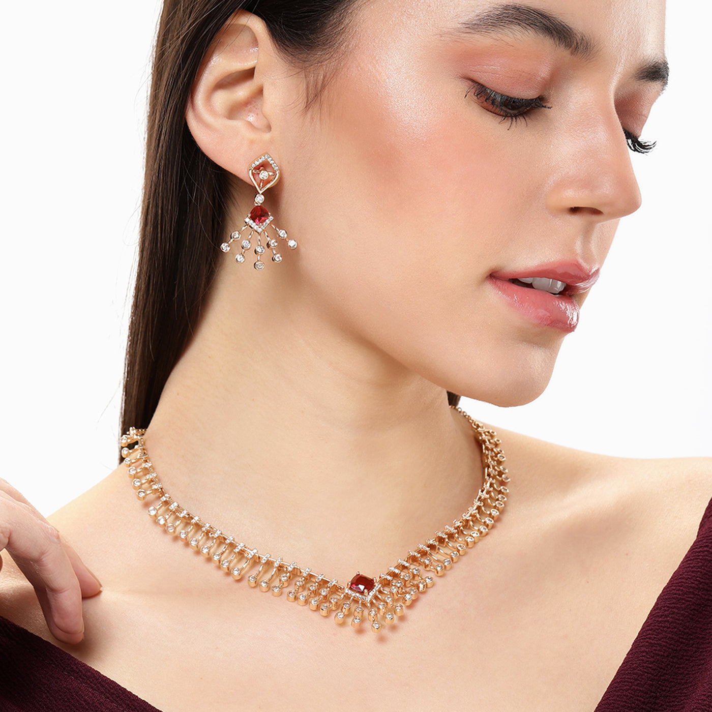 Estele Valentine Special – Modern Glam: Rosegold-Plated Lightweight Ruby American Diamond Necklace Set – Effortless Sparkle