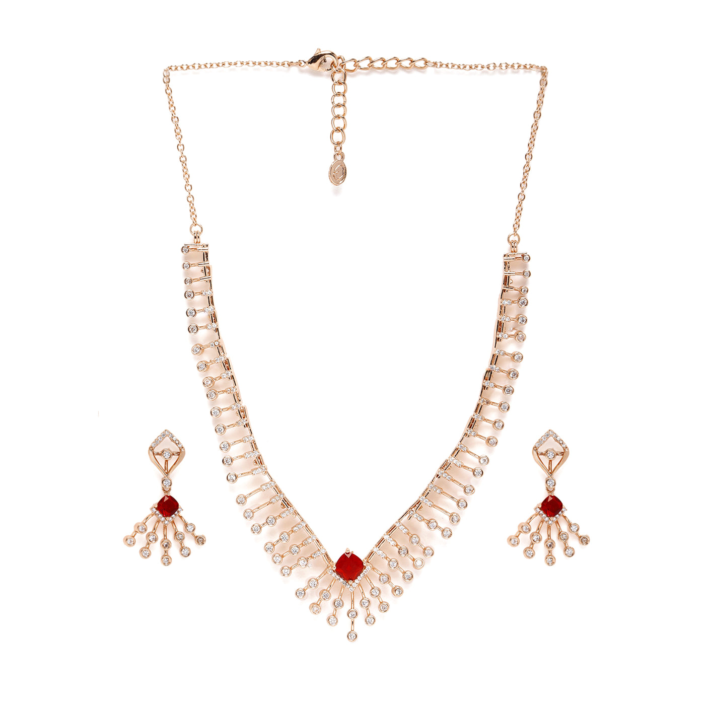 Estele Valentine Special – Modern Glam: Rosegold-Plated Lightweight Ruby American Diamond Necklace Set – Effortless Sparkle