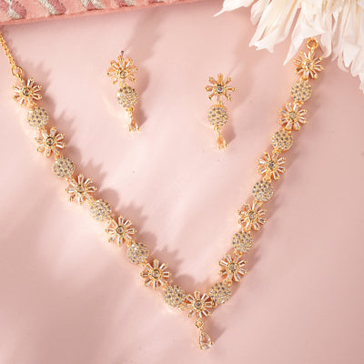 Estele Valentine Special – Premium Gold-Plated Floral American Diamond Necklace Set for Women– Feather-Light Design for a Radiant Glow